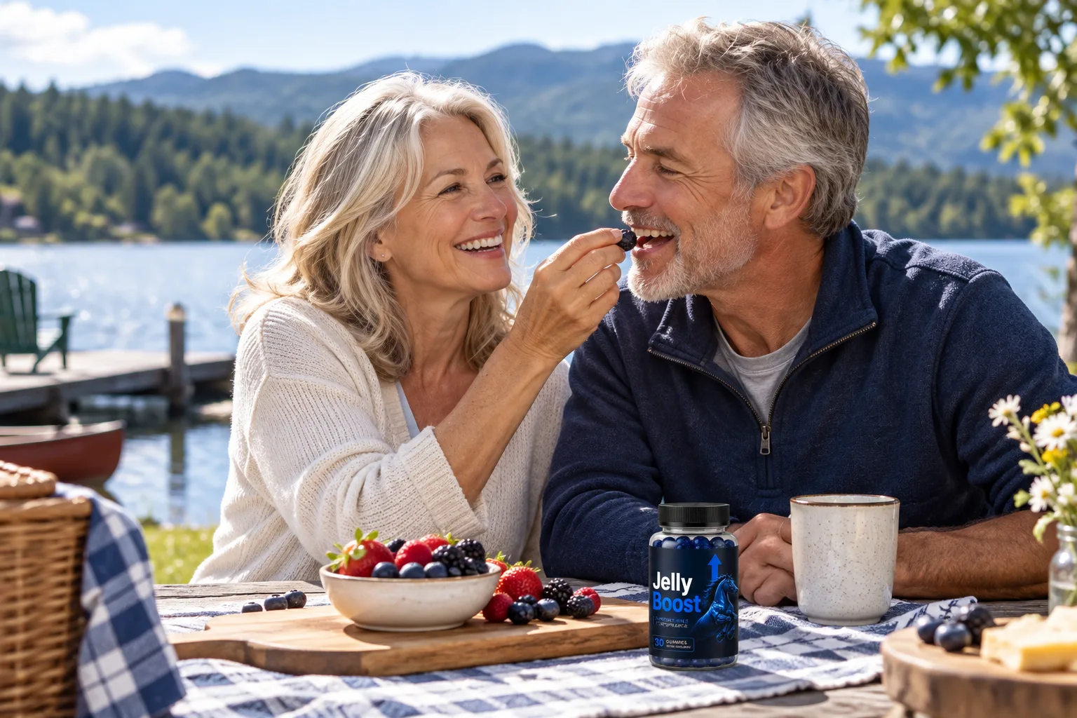 Couple enjoying a relaxed lakeside picnic together, feeling present and connected